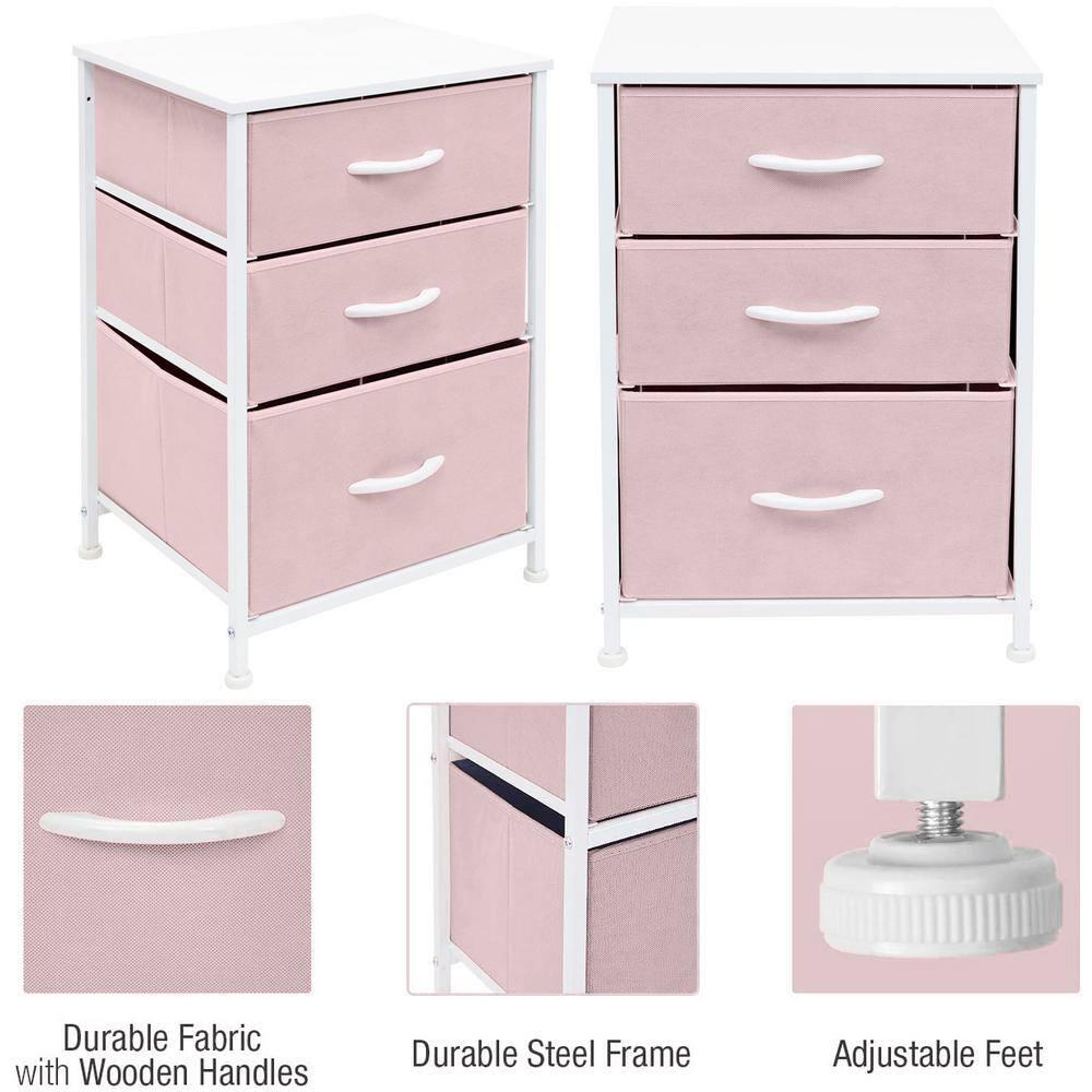 Sorbus Nightstand with 3 Drawers - Furniture Storage for Bedroom, Closet, Office Organization - Steel Frame, Wood Top, Pastel Fabric Bin (Pink)