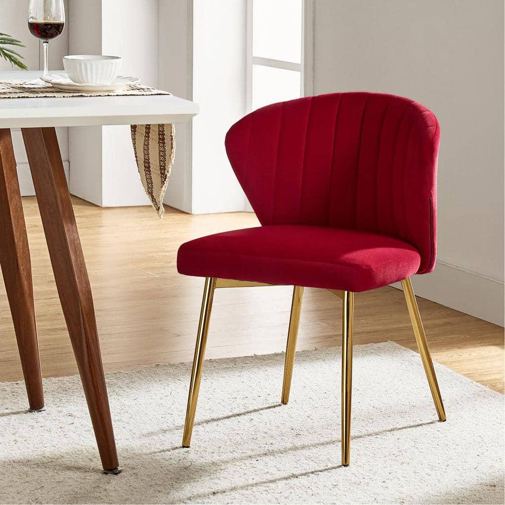 Velvet Upholstery Comfy Dining Chair Accent Channel Tufted Metal Legs Home Living Room Bedroom Kitchen Red