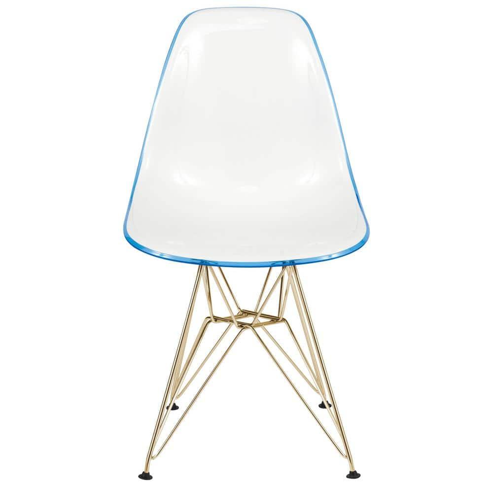 LeisureMod 5-Piece Dining Set with 35" Round Dining Table in White Iron Pedestal Base and 4 ABS Plastic Side Chair with Gold Base, White Blue