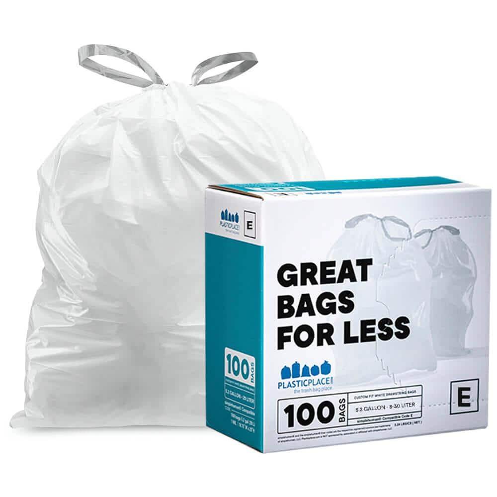 Plasticplace White Trash Bags Compatible with simplehuman Code E (100 Count) 5.2 Gallon / 20 Liter 18.75" x 20