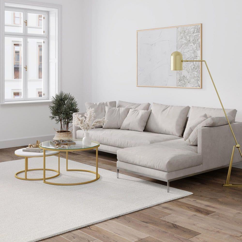 Modern Luxe Round Nesting Coffee Table Set, Glass & Marble on Gold Frame