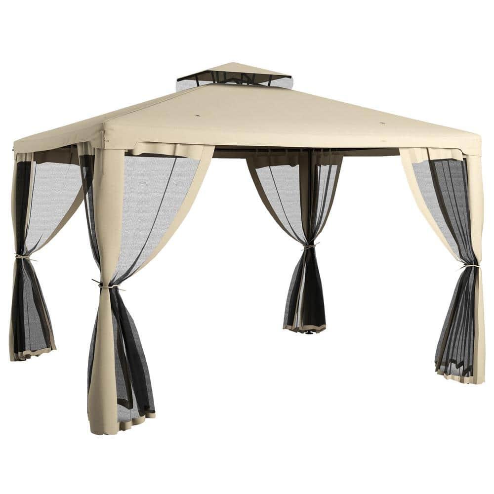 DEBLIT 9.6' x 11.6' Patio Gazebo with 2-Tier Roof and Netting, Steel Outdoor Canopy Gazebo for Garden, Lawn and Backyard, Taupe