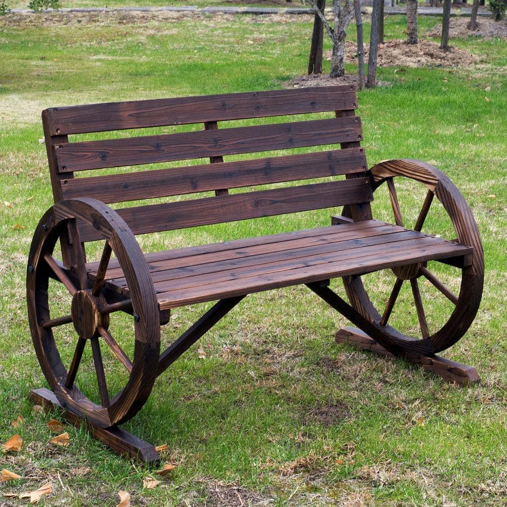 ZWNLKQG Wooden Wagon Wheel Bench  Rustic Outdoor Patio   2-Person Seat Bench for Backyard  Patio  Garden  41.5" x 23.25" x 29.5"  Brown