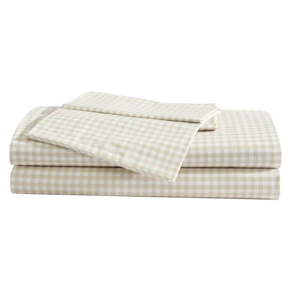 Eddie Bauer - Sheet Set, Cotton Percale Bedding with Matching Pillowcase, Crisp & Breathable, 200-Thread Count, Classic Comfort Essentials (Little Gingham Beige, Twin)