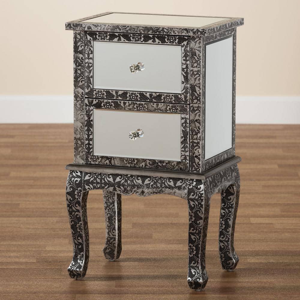 Wycliff Metal and Mirrored Glass 2 Drawer Nightstand Dark Gray/Silver - Baxton Studio