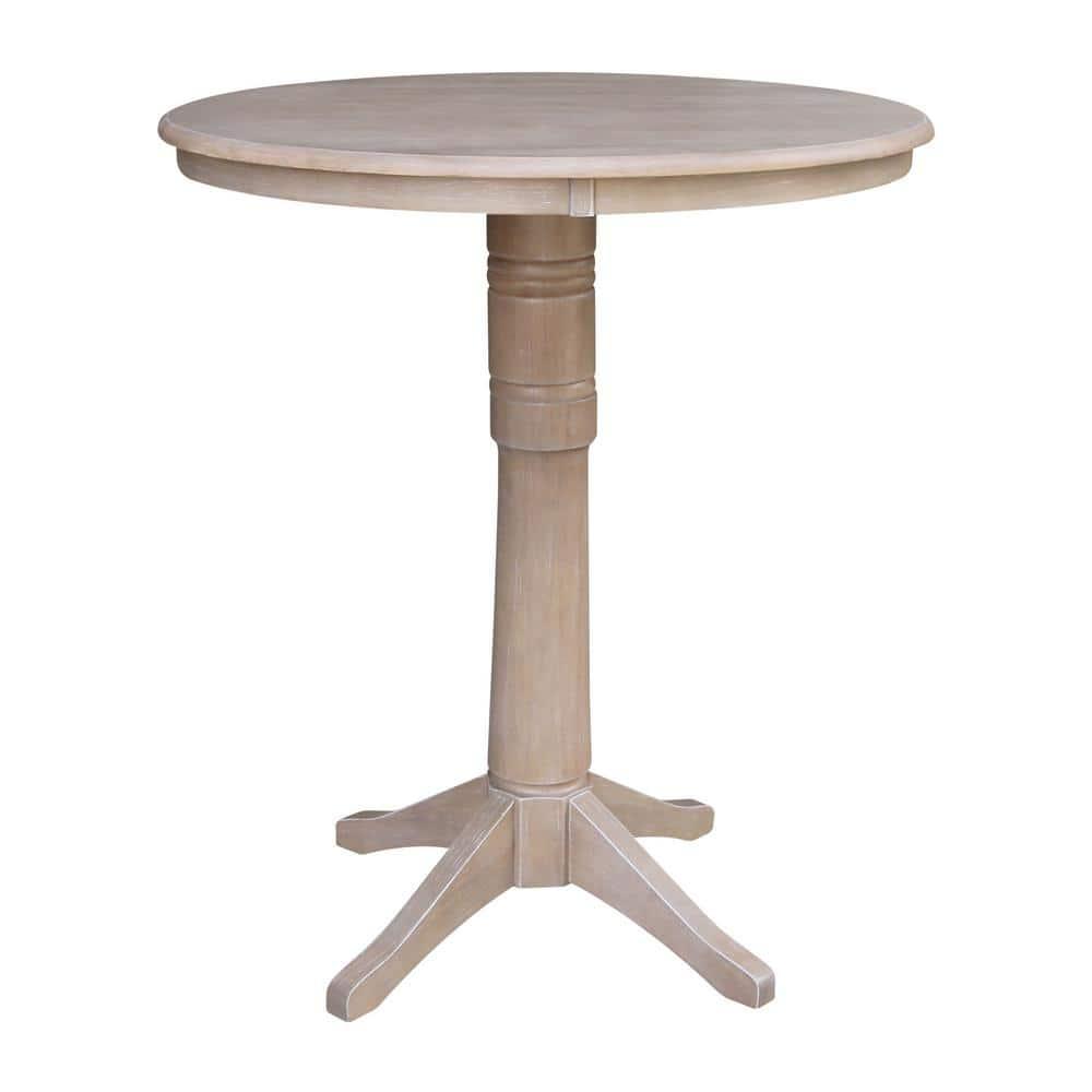 36"x36" Round Top Solid Wood Pedestal Bar Height Table Washed Gray Taupe - International Concepts