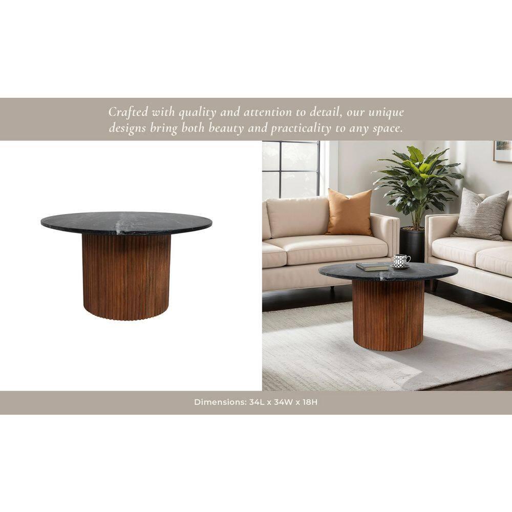 Sagebrook Home 18" Mango Wood and Marble Round Reeded Coffee Table Brown/Black: Elegant Pedestal Base, No Assembly Required