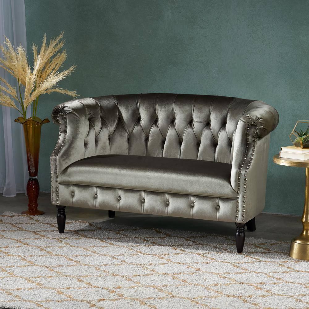 Milani 52 in. Gray/Dark Brown Velvet 2-Seat Loveseat with Nailhead Trim