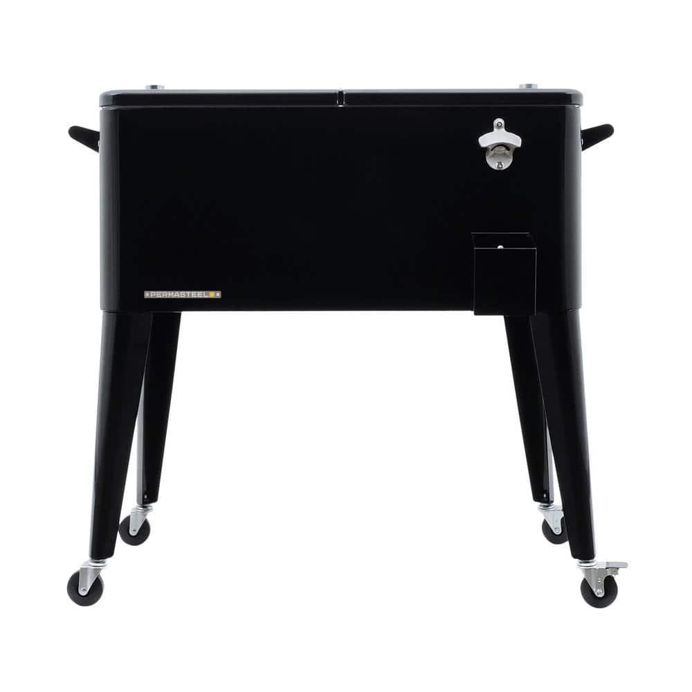80qt Portable Rolling Patio Cooler - Black - Permasteel: Outdoor Cooler Cart with Stay Up Lid & Bottle Opener
