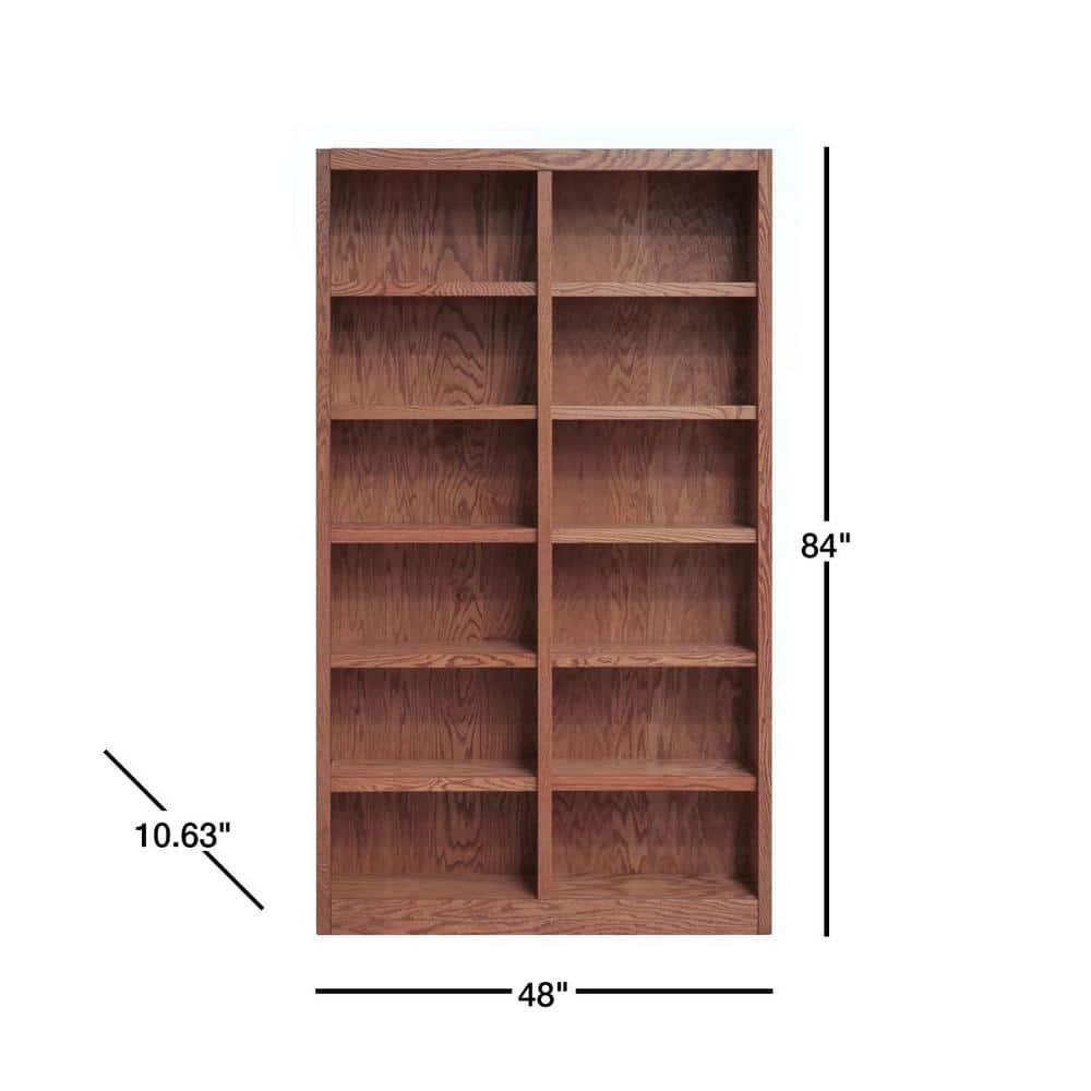 Traditional 84" Tall 12-Shelf Double Wide Wood Bookcase in Dry Oak