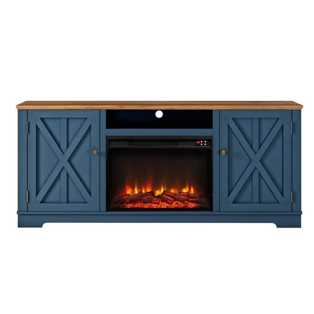 Festivo 70" Farmhouse TV Stand for TVs up to 75" with Electric Fireplace Navy : Entertainment Center, Media Console
