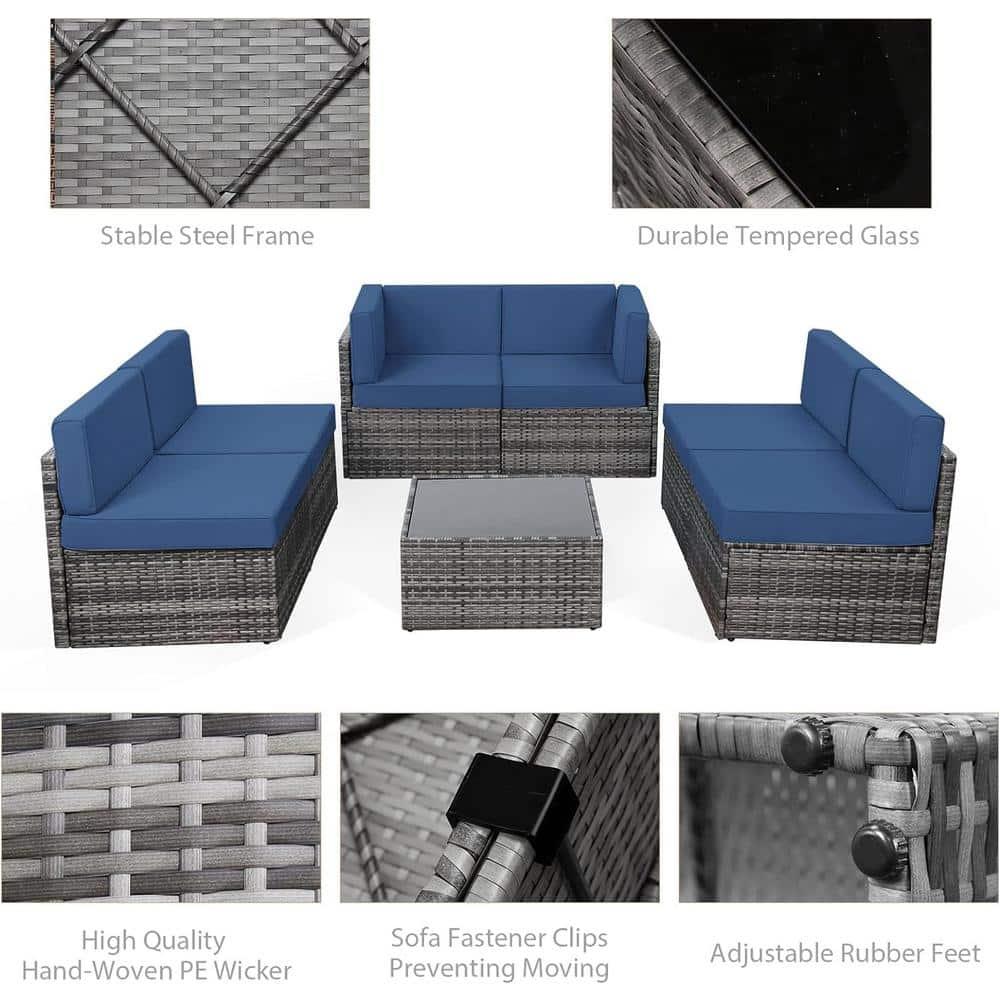 U-MAX 7 Piece Outdoor Patio Furniture Set, PE Rattan Outdoor Wicker Sectional Furniture Chair Set with Cushions and Tea Table, Grey Rattan and Navy Cushion
