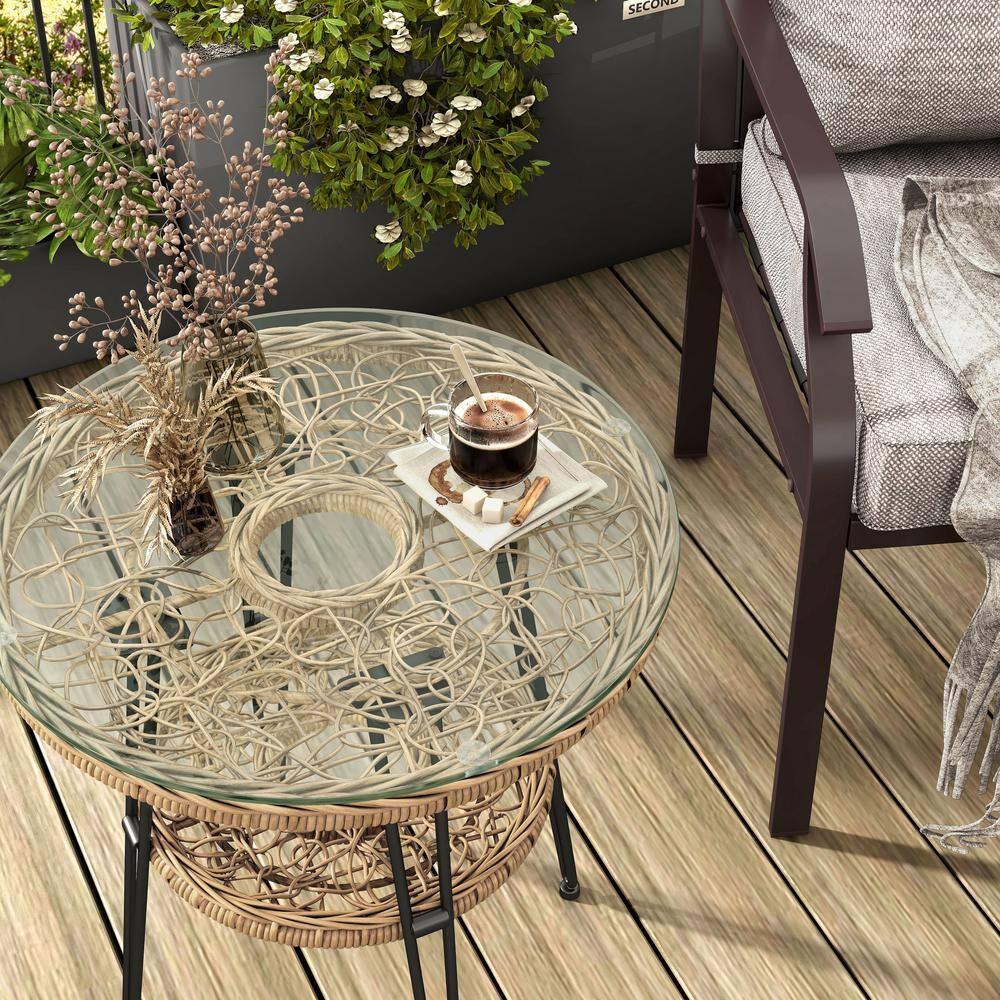 Furniture of America Noma Round 1-Shelf Metal and Rattan Natural Coffee Table with Glass Top