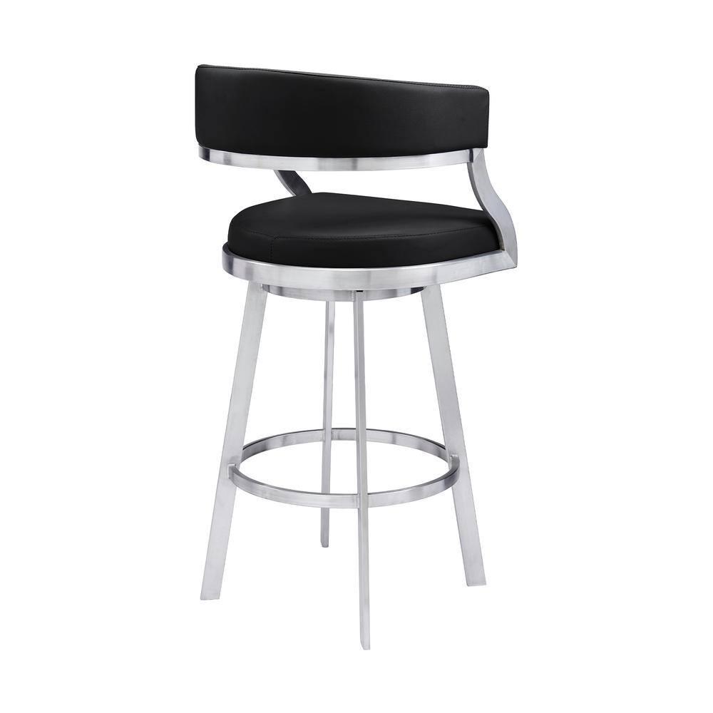 Saturn Modern 30" Seat Height Black Faux Leather and Brushed Stainless Steel Metal Swivel Bar Stool for Kitchen Island Counter
