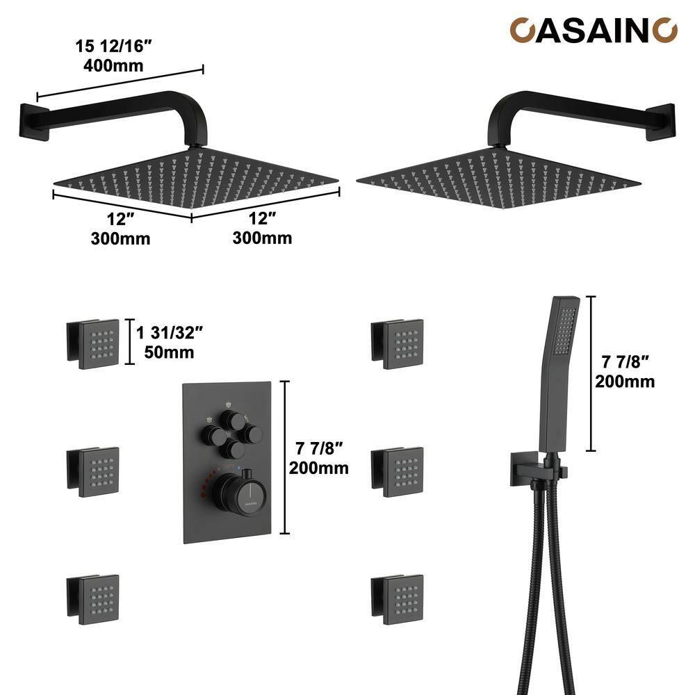 CASAINC CS6228-12MB Dual Shower Head Thermostatic Rainfall Shower System with Rough in-Valve and Shower Body Spray