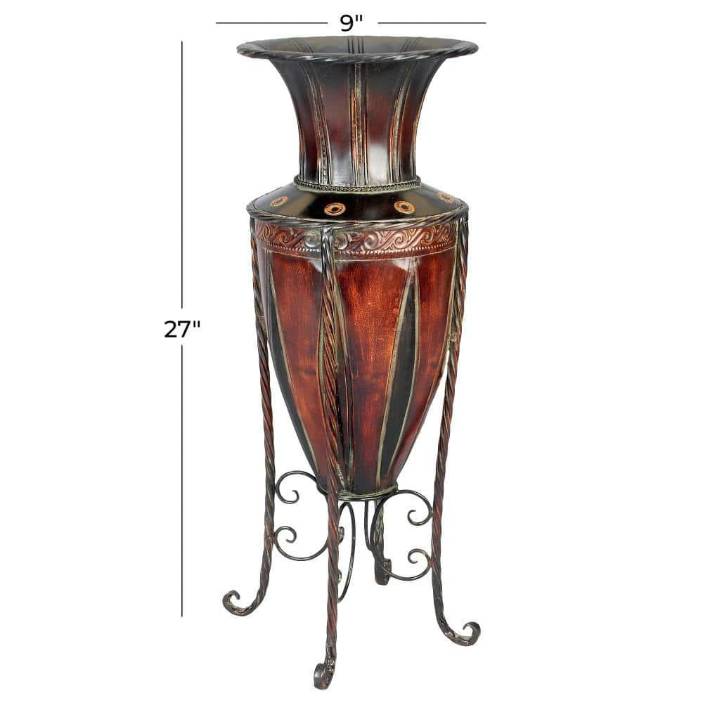 DecMode 27" Tall Brown Metal Vase with Attached Metal Stand and Intricate Design