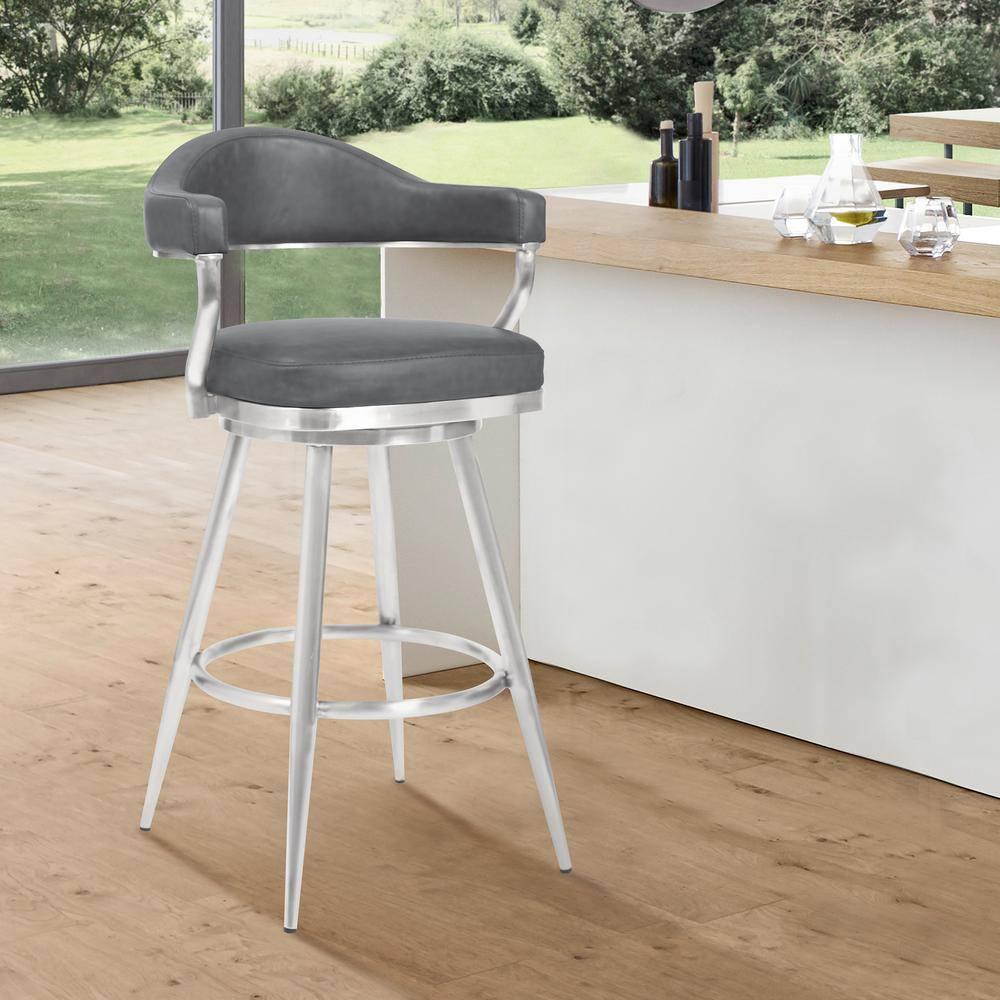 Homestock Baroque Bonanza 30" Bar Height Barstool in Brushed Stainless Steel and Gray Faux Leather