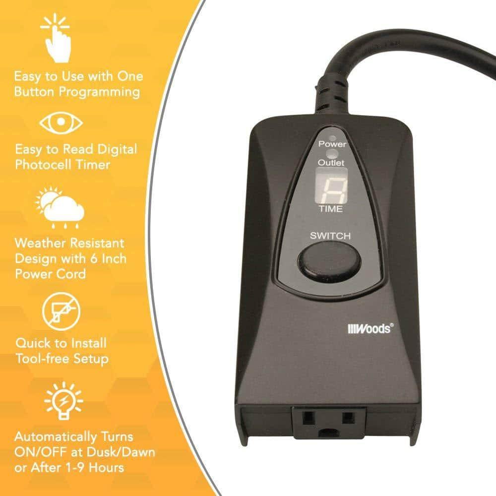 Woods 50013WD 24-Hour Dusk to Dawn Lighting Timer with Photocell and Digital Display