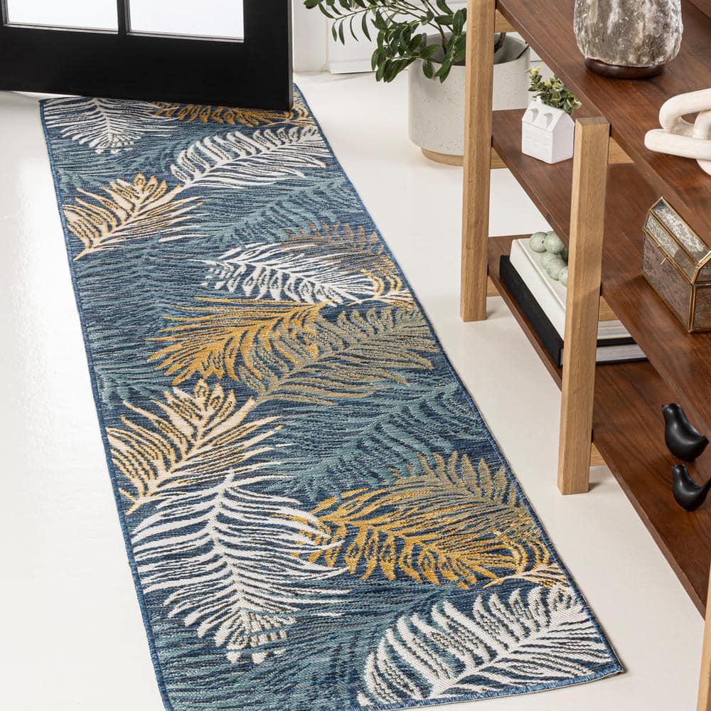 JONATHAN Y Calypso Coastal Casual Palm Frond Reversible Machine-Washable Cream/Navy 2 ft. x 8 ft. Indoor/Outdoor Runner Rug