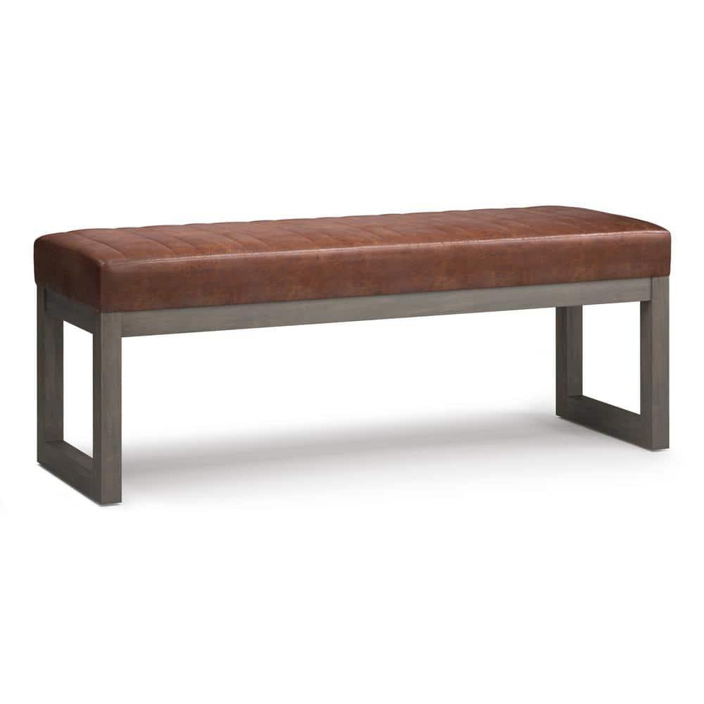 Simpli Home Casey 48"W Distressed Vegan Leather Ottoman Bench with Quilted Vertical Stitching