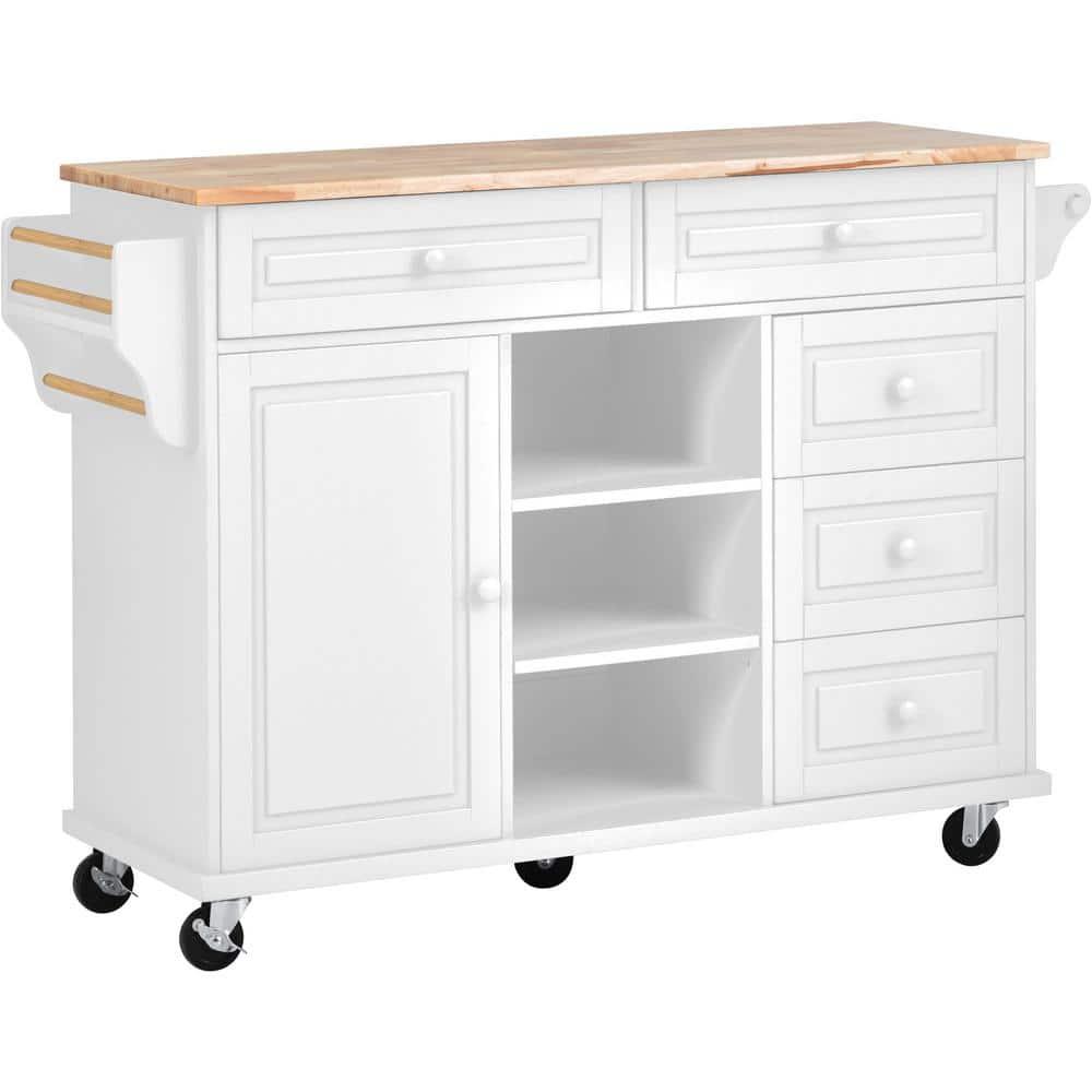 Kitchen Island Cart with 5 Drawers, 1 Cabinet and 2 Adjustable Shelves, 52.8" Kitchen Trolley Cart with Spacious Tabletop and Locking Wheels, Buffet Server Sideboard with Spice Rack & Towel Rack White