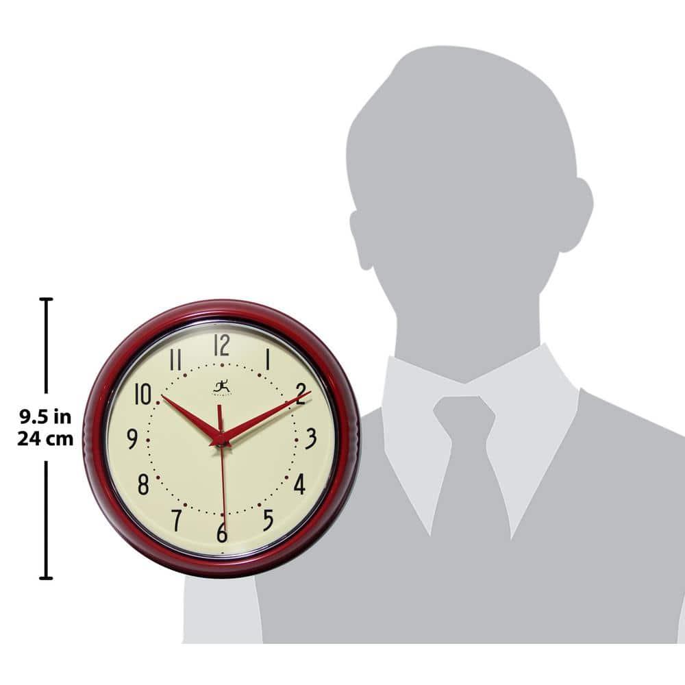 9.5" Retro Metal Wall Clock Red - Infinity Instruments: Indoor Modern Decor, Off-White Face, Round Shape
