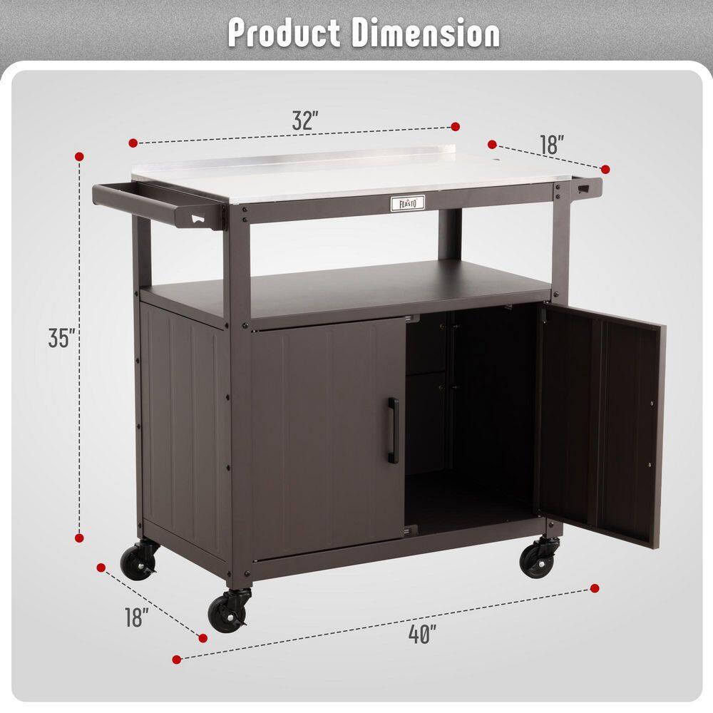Feasto Feasto Outdoor Grill Cart with Stainless Steel Tabletop and Storage Cabinet, Movable Kitchen Island with Wheels for BBQ Food Prep