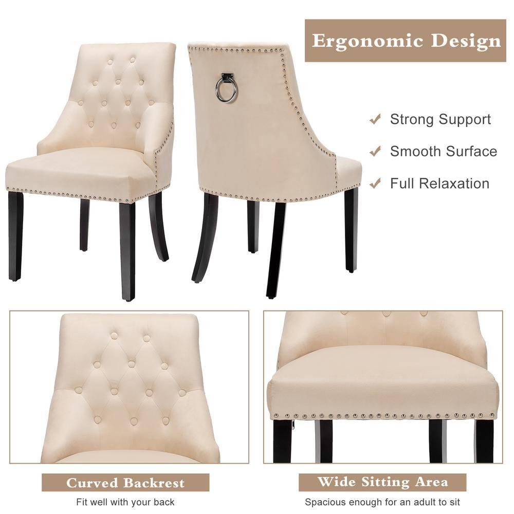 Velvet Dining Chair Upholstered Tufted Armless w/ Nailed Trim & Ring Pull Beige