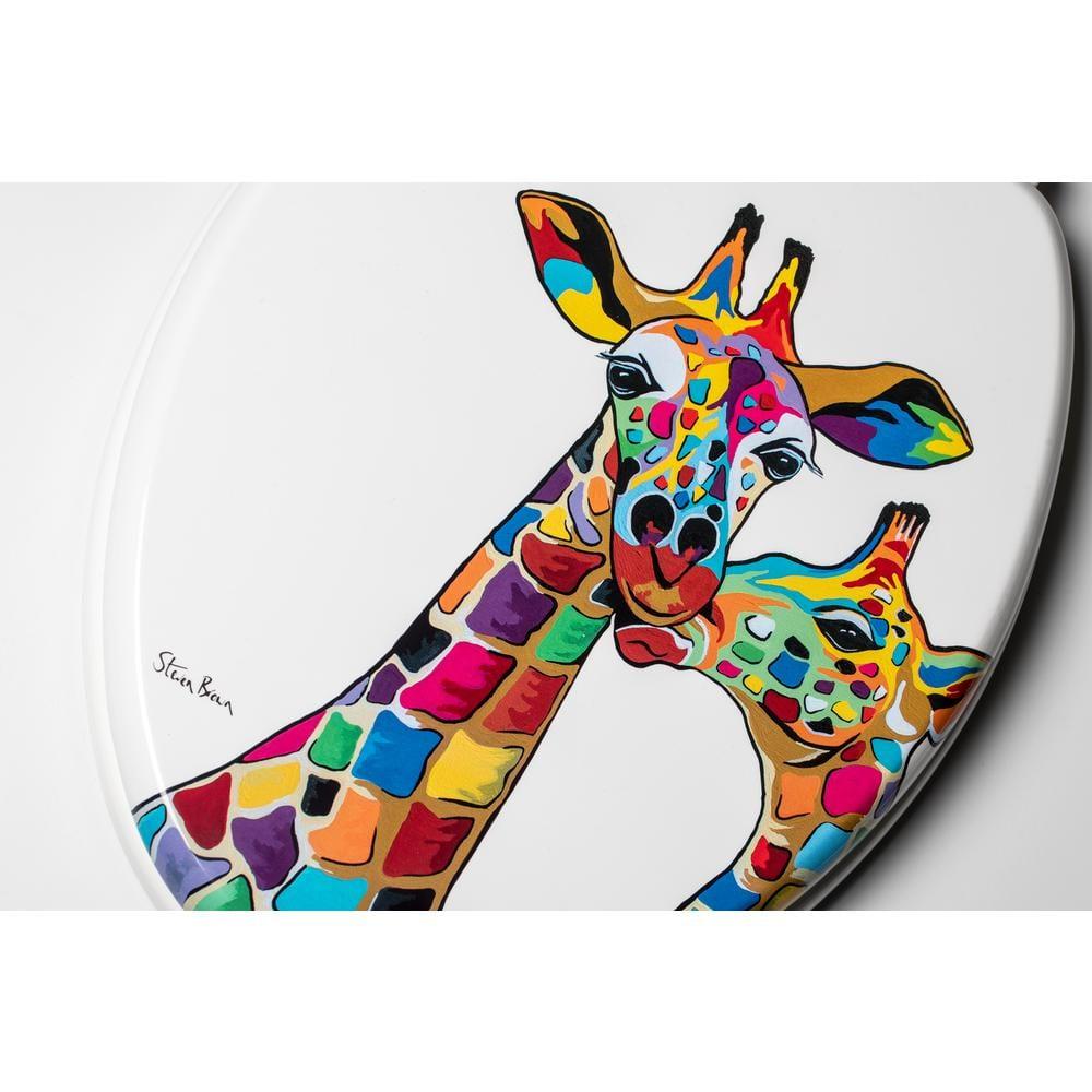 Croydex Steven Brown Artwork 19in Round Wood Toilet Seat, Colorful Giraffes Design