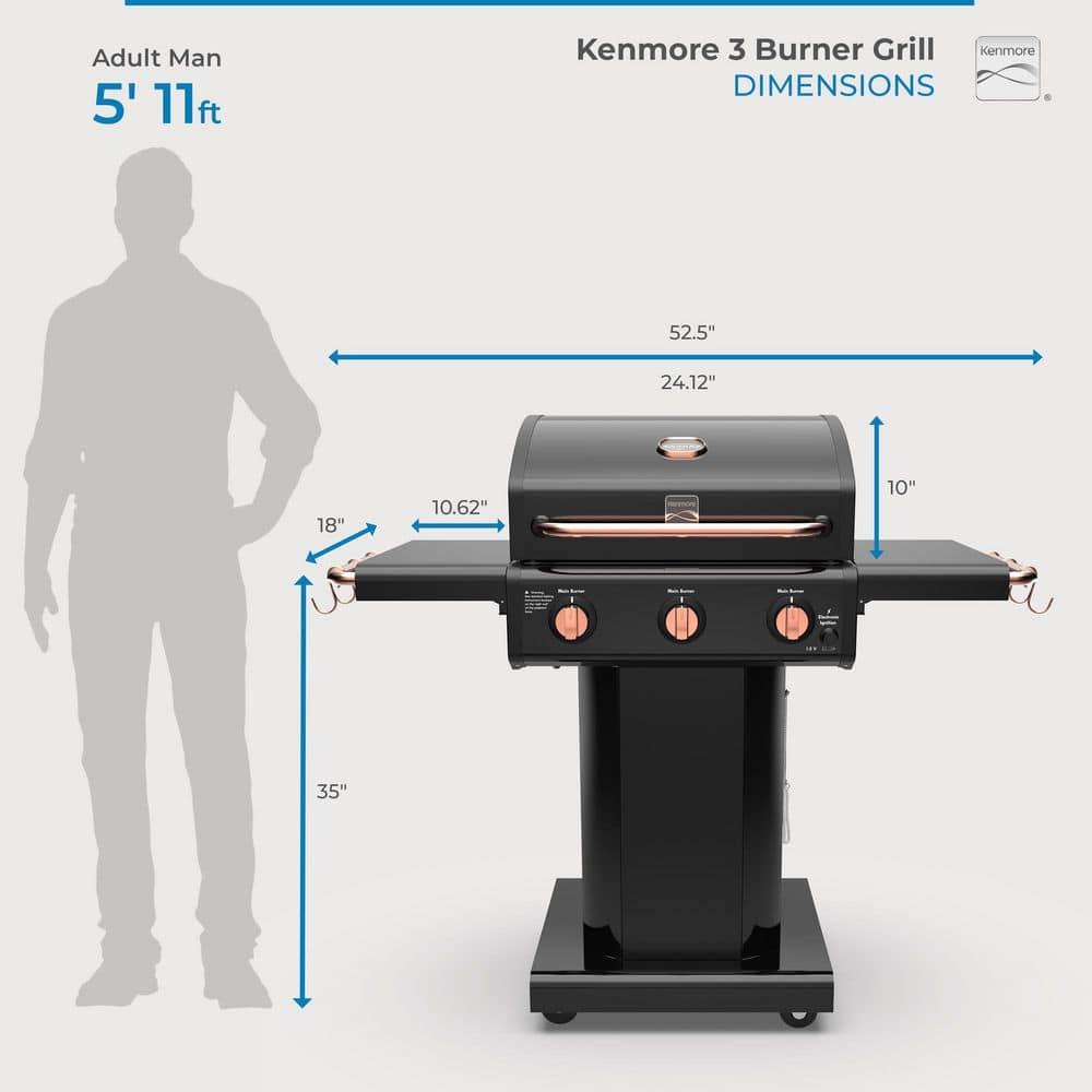 Kenmore 3-Burner Propane Gas Grill with Foldable Side Tables for Outdoor BBQ