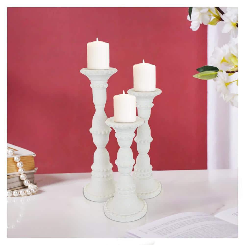 Benjara Accent Candle Holder Set of 3, Tall Pillars, Heavy Base, White Resin