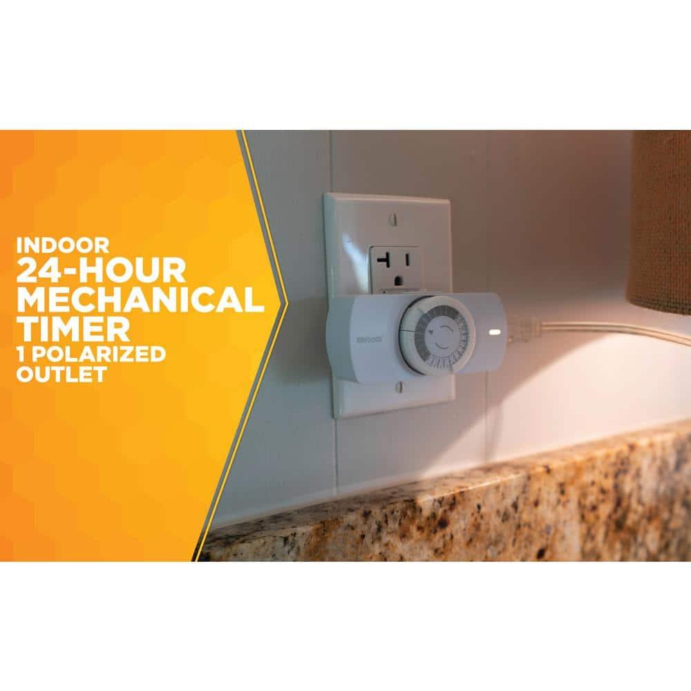 Woods 50101WD Easy-to-use Narrow Style Indoor 24-Hour Mechanical Timer, Single 2-prong (polarized) Outlet, White