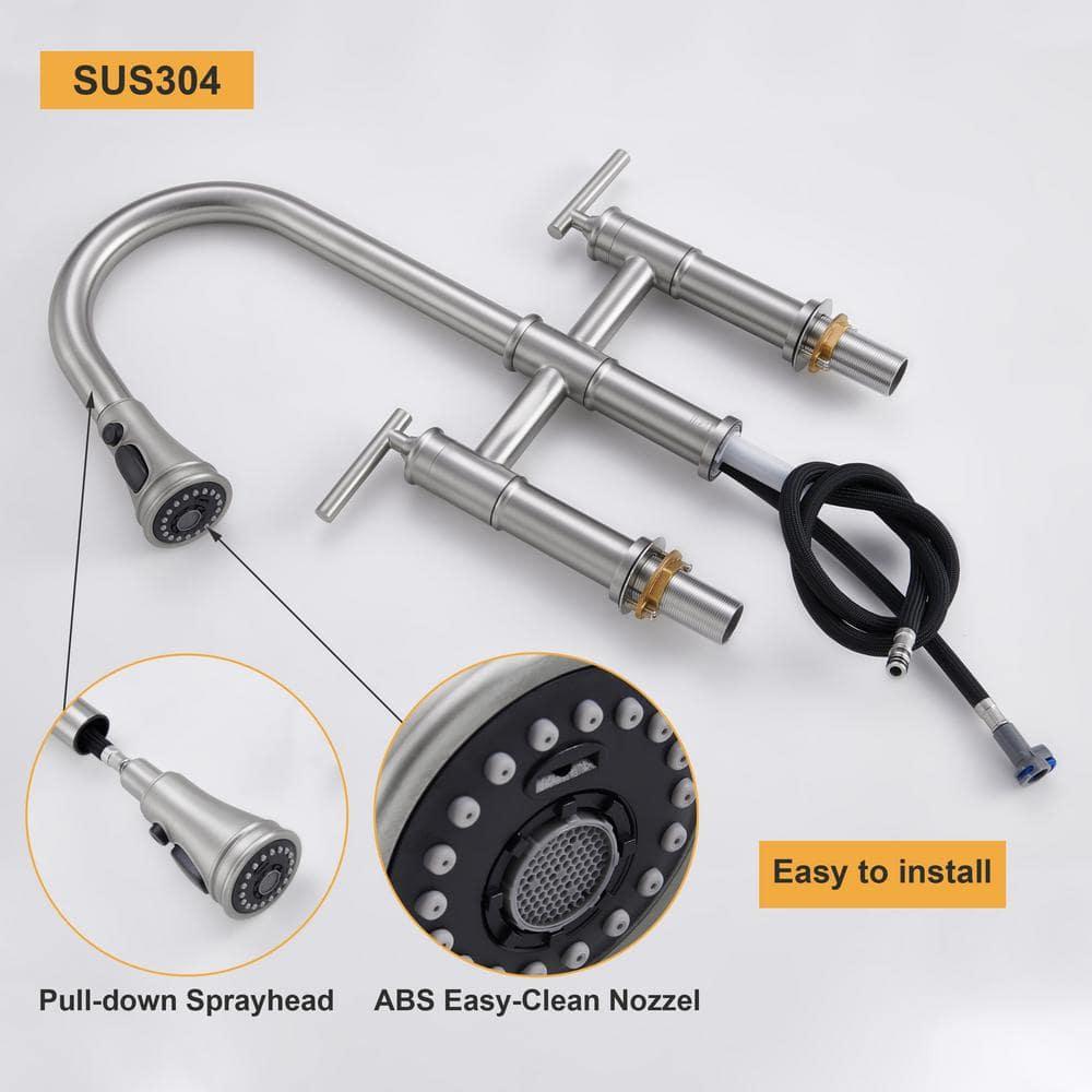 Double Handle Bridge Pull-Down Kitchen Faucet with 3-Spray Patterns and 360 Degrees Rotation Spout in Brushed Nickel