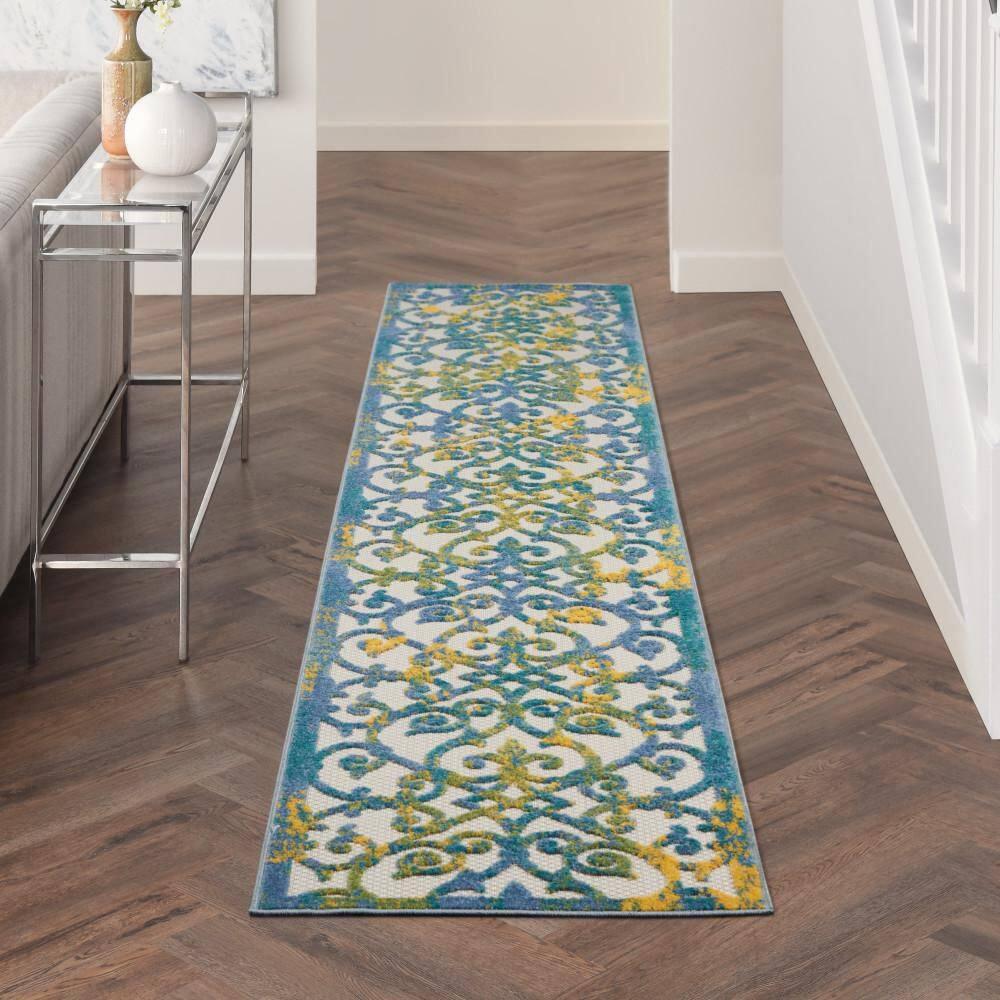 Nourison Aloha Contemporary Scroll Flatweave High-Low Indoor Outdoor Runner Rug Ivory Blue 2'3" x 10'
