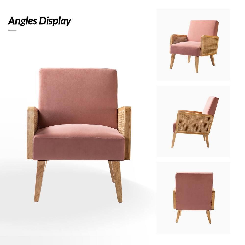 Farmhouse Accent Chair Rattan Armrests Fabric Upholstered Wooden Reading Armchair Living Bedroom Blush
