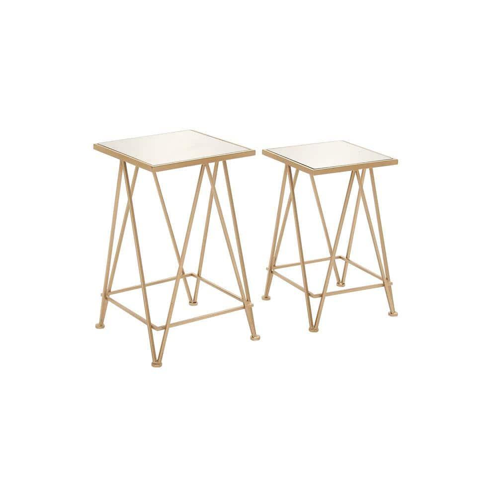 DecMode 15" x 26" Gold Metal Accent Table with Mirrored Glass Top, 2-Pieces
