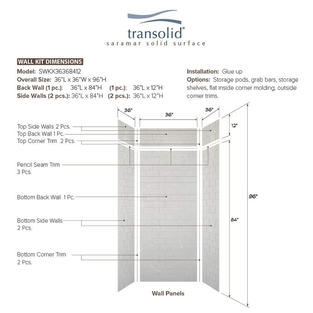 Lunar Gray Subway Tile 96" x 36" Shower Wall Kit