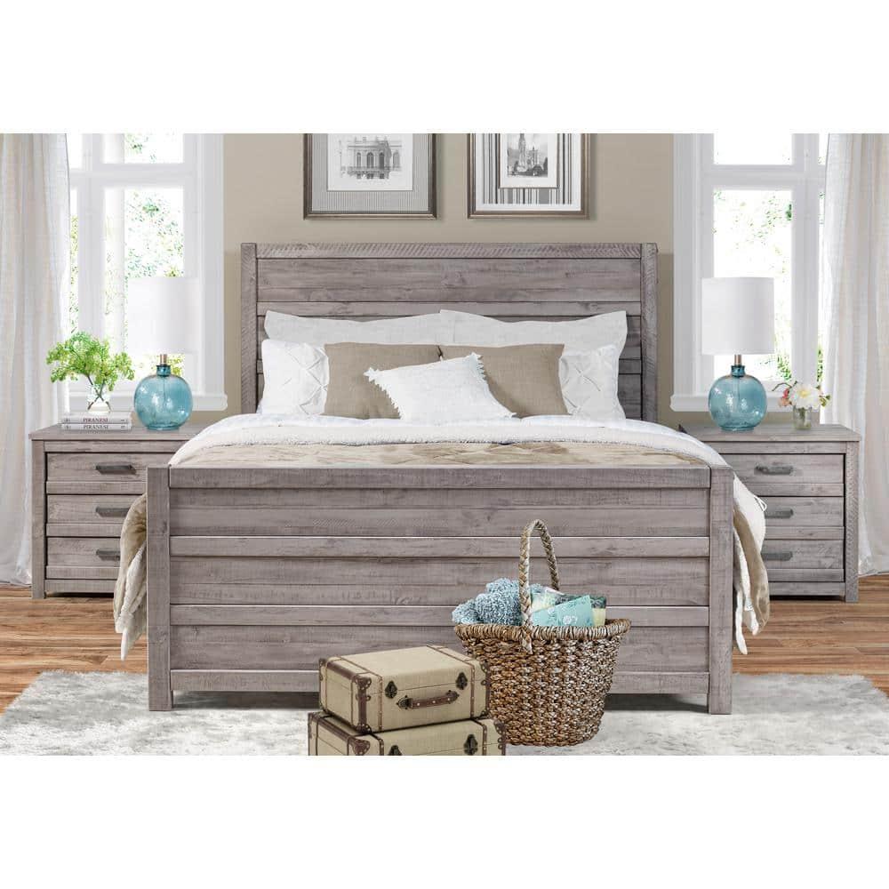 Camaflexi Carmel Solid Wood Platform Bed Frame with Headboard, King, Antique Grey