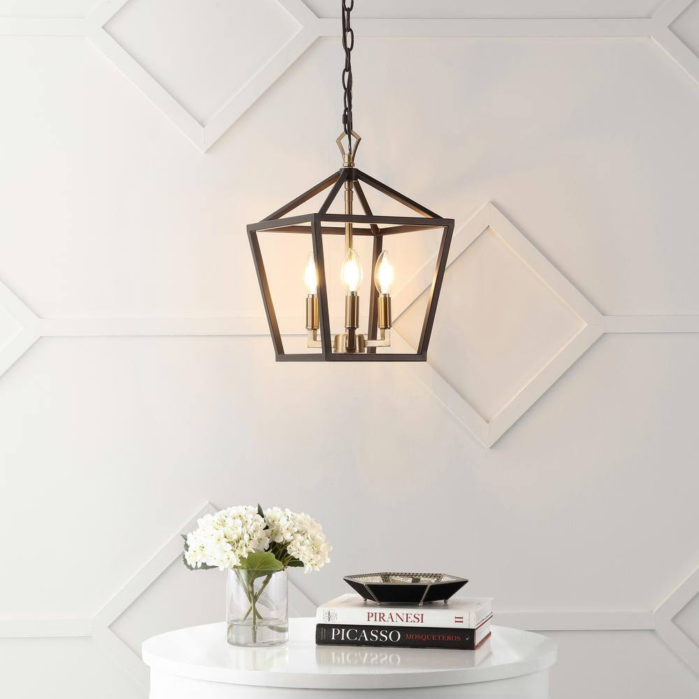 Ojai 10" 3-Light Iron Classic Modern Lantern LED Pendant, Oil Rubbed Bronze/Brass Gold