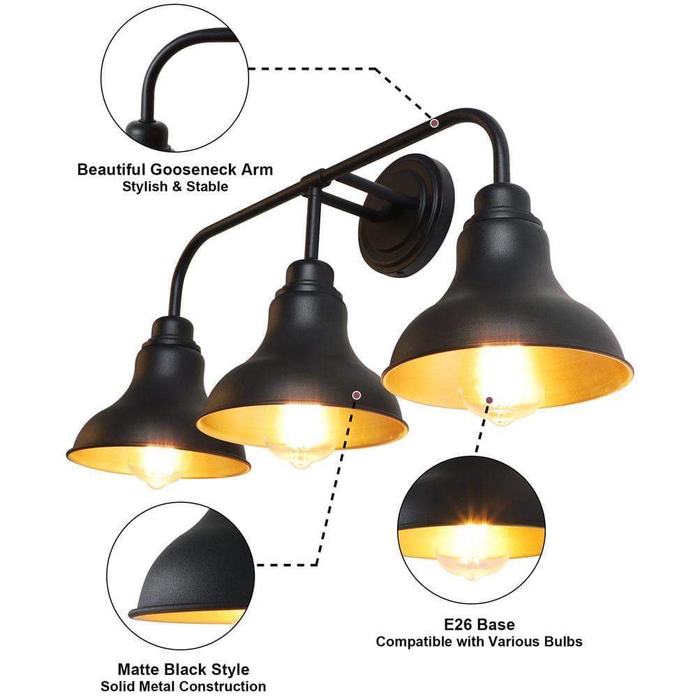 Farmhouse 25.25 in. 3-Light Black Vanity Light with Black Metal Shades