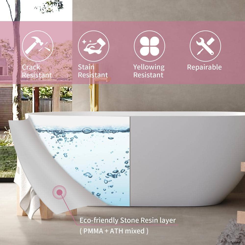 59" x 30" Freestanding Soaking Solid Surface Bathtub Stone Resin Bath Tub with Overflow and Pop-up Drain for Contemporary Bathroom, Glossy/Matte White