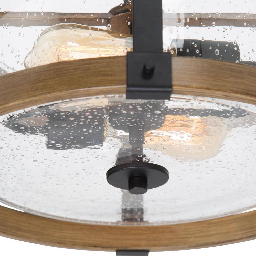 LNC Farmhouse 2-Light Semi-Flush Mount Light with Seeded Glass Shades 15",Brown Wood&Black