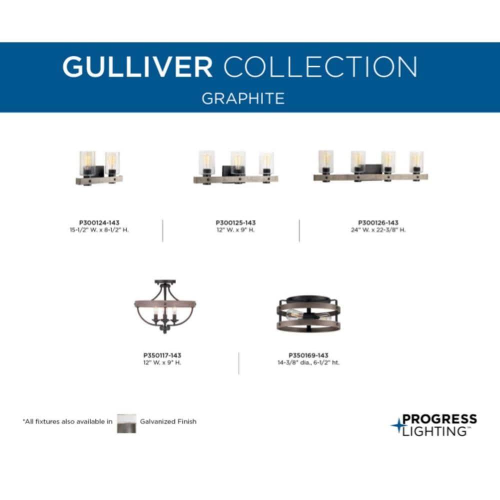 Progress Lighting Gulliver 2-Light Flush Mount Ceiling Light, Graphite, Open-Cage Design, Faux-Wood Finish
