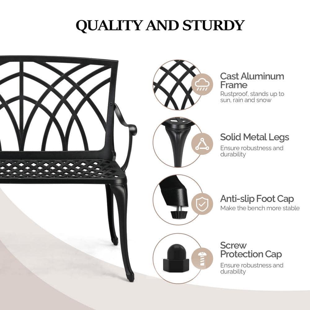 VINGLI 38" Outdoor Garden Orchid Bench, Black Cast Iron Cast Aluminium Solid Frame，Accented Yard Front Porch Patio Outside Park Decor Deck Furniture for 1-2 Person Seat