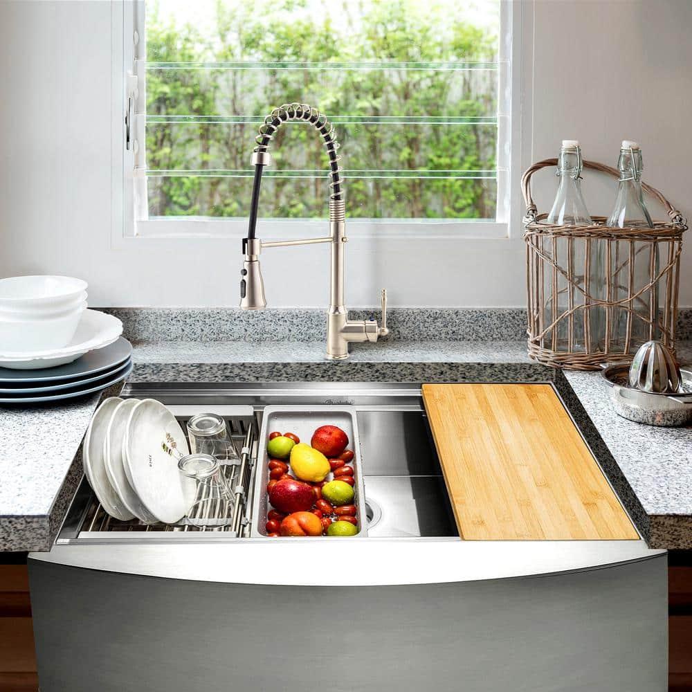 Farmhouse Apron Front 33-in x 22-in Brushed Stainless Steel Single Bowl Workstation Kitchen Sink