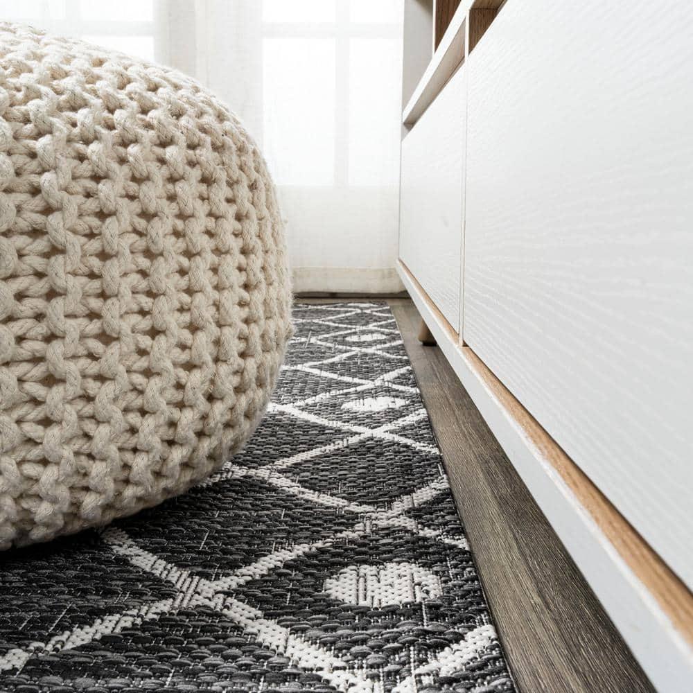2'x10' Nokat Modern Bohemian Styled Indoor/Outdoor Runner Rug, Black/Ivory - JONATHAN Y