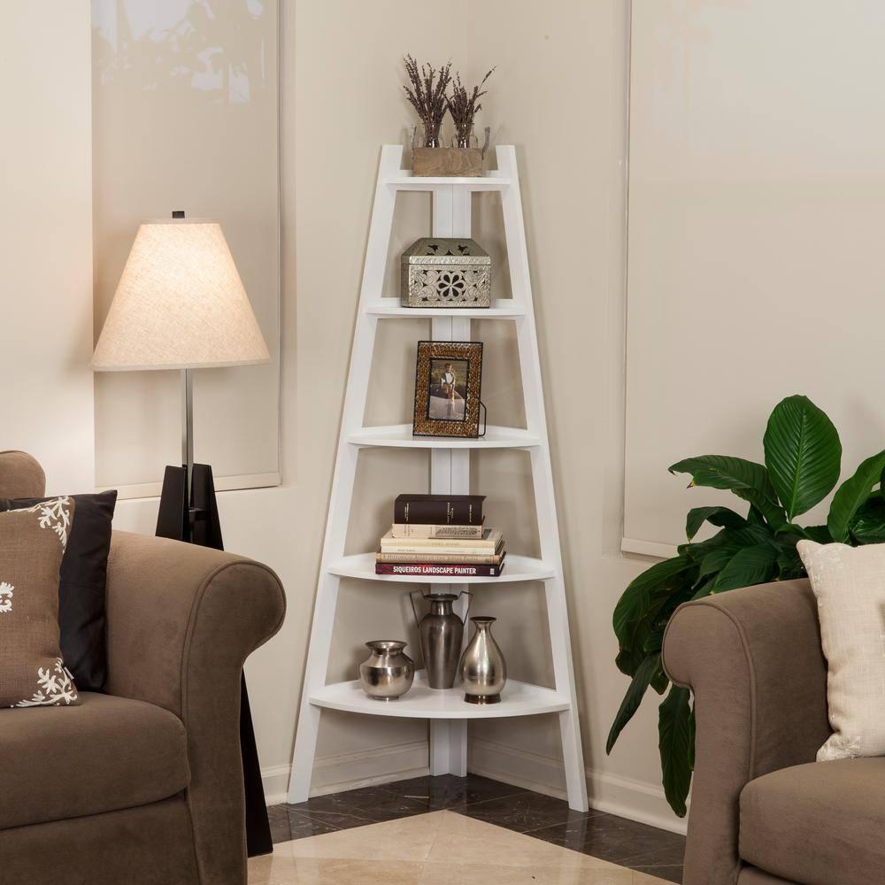 63" x 26.5" Five-Tier Pyramid Corner Ladder Shelf White - Danya B.: Modern Display, MDF Wood, Open Shelves