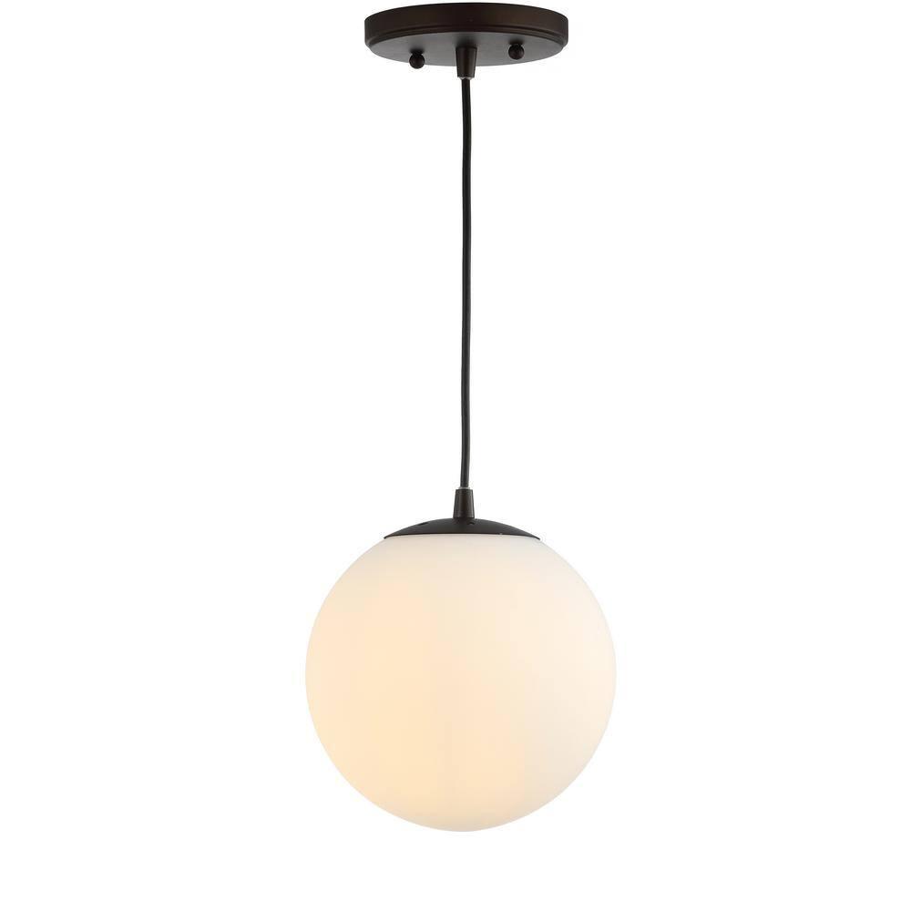 Bleecker 7.75" Metal/Glass Globe LED Pendant, White/Oil Rubbed Bronze
