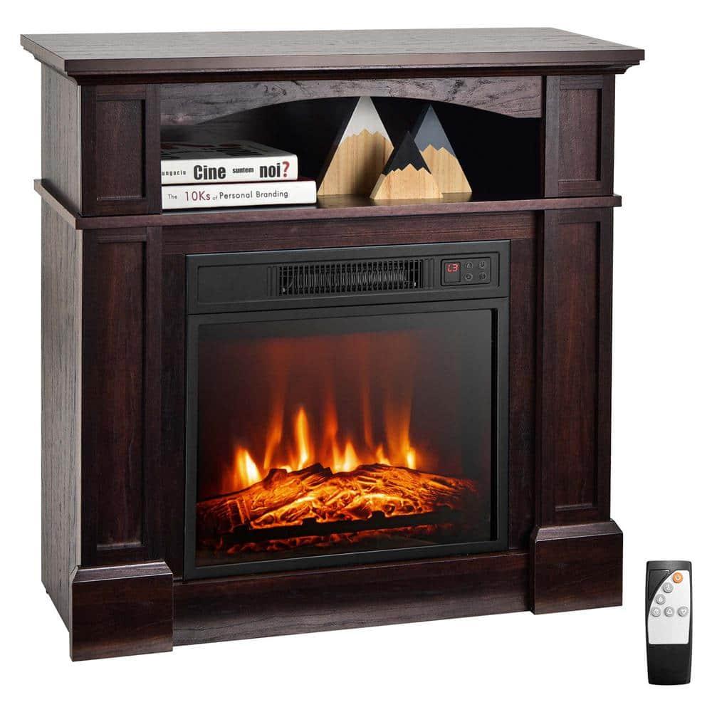 Costway 32" 1400W Electric Fireplace Mantel TV Stand Space Heater W/ Shelf Brown