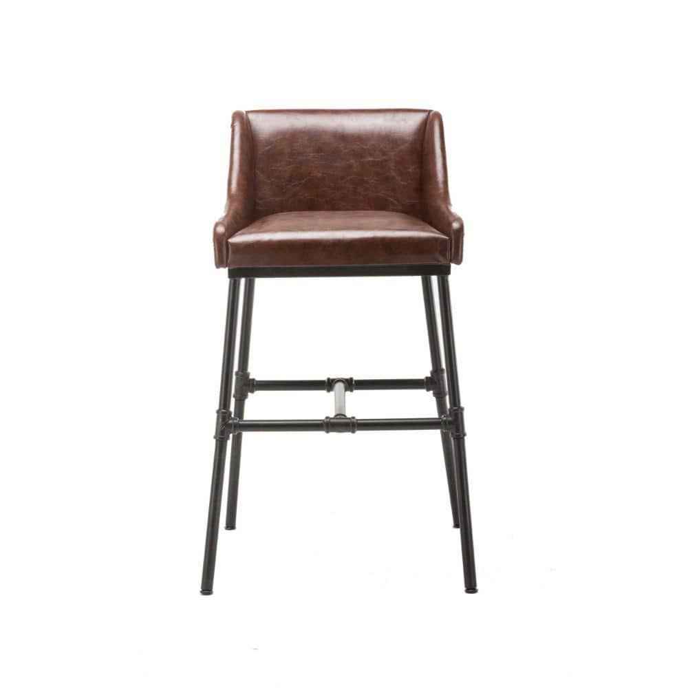 Leatherette Bar Stool with Riveted Metal Backing - Brown & Black